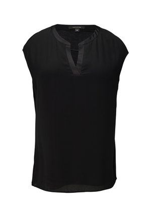 Schwarze Bluse mit kurzen Ärmeln, einem V-Ausschnitt und glatter Textur. Verfügt über einen dezent abgerundeten Saum und seitliche Schlitzdetails.