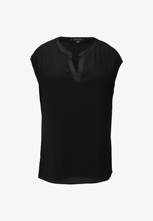 Schwarze Bluse mit kurzen Ärmeln, einem V-Ausschnitt und glatter Textur. Verfügt über einen dezent abgerundeten Saum und seitliche Schlitzdetails.