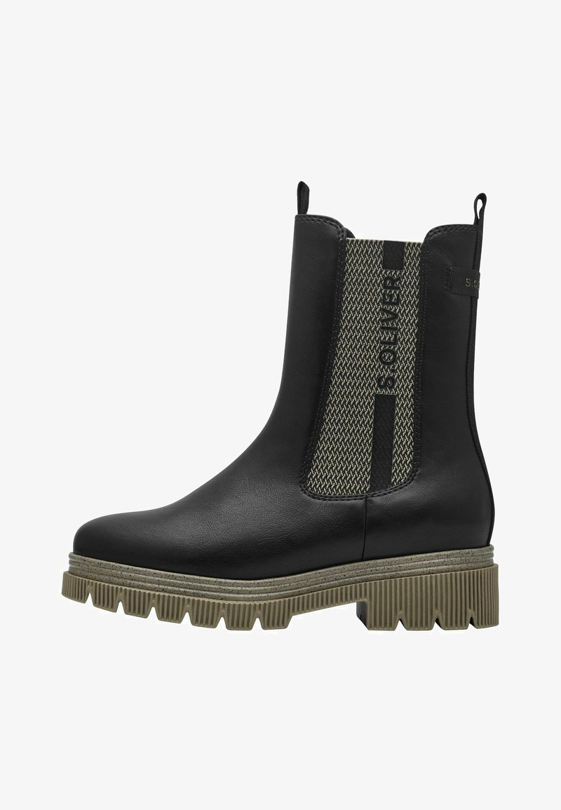 Schwarze Knöchelstiefel aus Leder mit seitlichen elastischen Strickpaneelen und strukturierten olivgrünen Akzenten. Dicke, geriffelte Gummisohle für guten Halt.