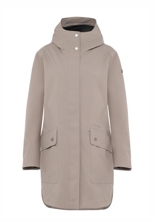 Beige vedenpitävä takki, jossa on korkea kaulus, kaksi etutaskua ja nepparit. Takissa on suora leikkaus ja sileä pinta.