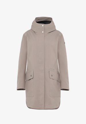 Beige vandtæt jakke med høj krave, to forlommer og trykknapper. Har en lige pasform og glat tekstur.