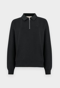 Μαύρο φούτερ με φερμουάρ στον γιακά, με μακριά μανίκια, ριμπ μανσέτες και μικρό λογότυπο στο μπροστινό μέρος. Μαλακή, ομαλή υφή υφάσματος.