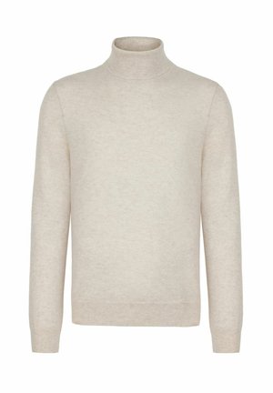 Beżowy sweter z golfem, wykonany z miękkiego dzianiny, posiada długie rękawy i dopasowany krój, charakteryzuje się gładką teksturą i minimalistycznym wykończeniem.