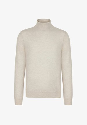 Beżowy sweter z golfem, wykonany z miękkiego dzianiny, posiada długie rękawy i dopasowany krój, charakteryzuje się gładką teksturą i minimalistycznym wykończeniem.