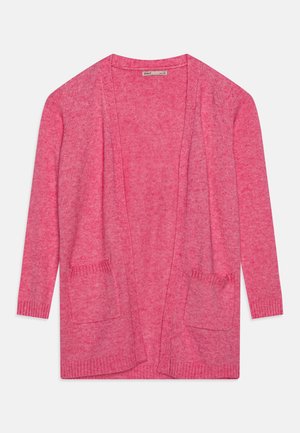 Cardigan a maniche lunghe lavorato a maglia di un brillante colore rosa, con una vestibilità ampia, aperto davanti e due tasche frontali. Texture morbida con orlo e polsini a coste.
