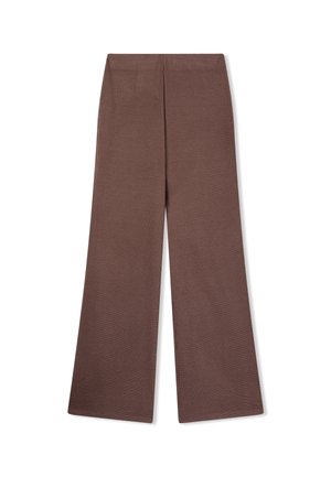 Brązowe spodnie szerokie w nogawkach z subtelnym wzorem w kratkę, płaskim przodem i wysokim stanem, prezentowane na białym tle.