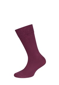 Burgunderfarbene Baumwollsocke mit Rippdesign, mittelstarkem Schnitt, glatter Textur sowie verstärktem Fuß und Ferse für Langlebigkeit.