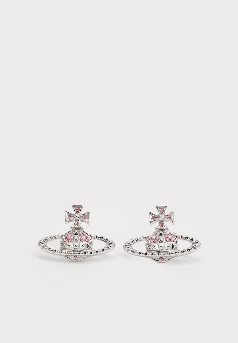 Silver stud earrings shaped like an orb with a ring, adorned with pink gemstones and a cross on top, against a plain white background.