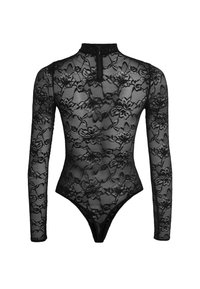 Zwart kanten bodysuit met lange mouwen, hoge halslijn, bloemenmotief, doorschijnende stof en een ritssluiting aan de achterkant; nauwsluitend, thong-stijl onderste deel.