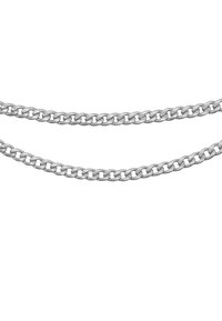 Catena in metallo argento con anelli ovali intrecciati, caratterizzata da una superficie liscia e una finitura lucida. Due catene disposte in parallelo.