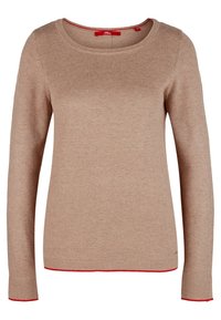 Beżowy sweter z długim rękawem, wykonany na tkanym wzorze, z okrągłym dekoltem i czerwonym wykończeniem przy kołnierzu, mankietach i dolnej krawędzi.