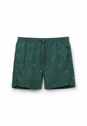 Grüne Badehosen aus leichtem Material, mit buntem kleinen Insekten-Stickereien, elastischem Bund und seitlichen Taschen.