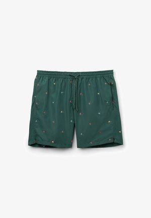 Zielone kąpielówki wykonane z lekkiego materiału, ozdobione wielokolorowym haftem małych owadów, z elastycznym paskiem w talii i bocznymi kieszeniami.