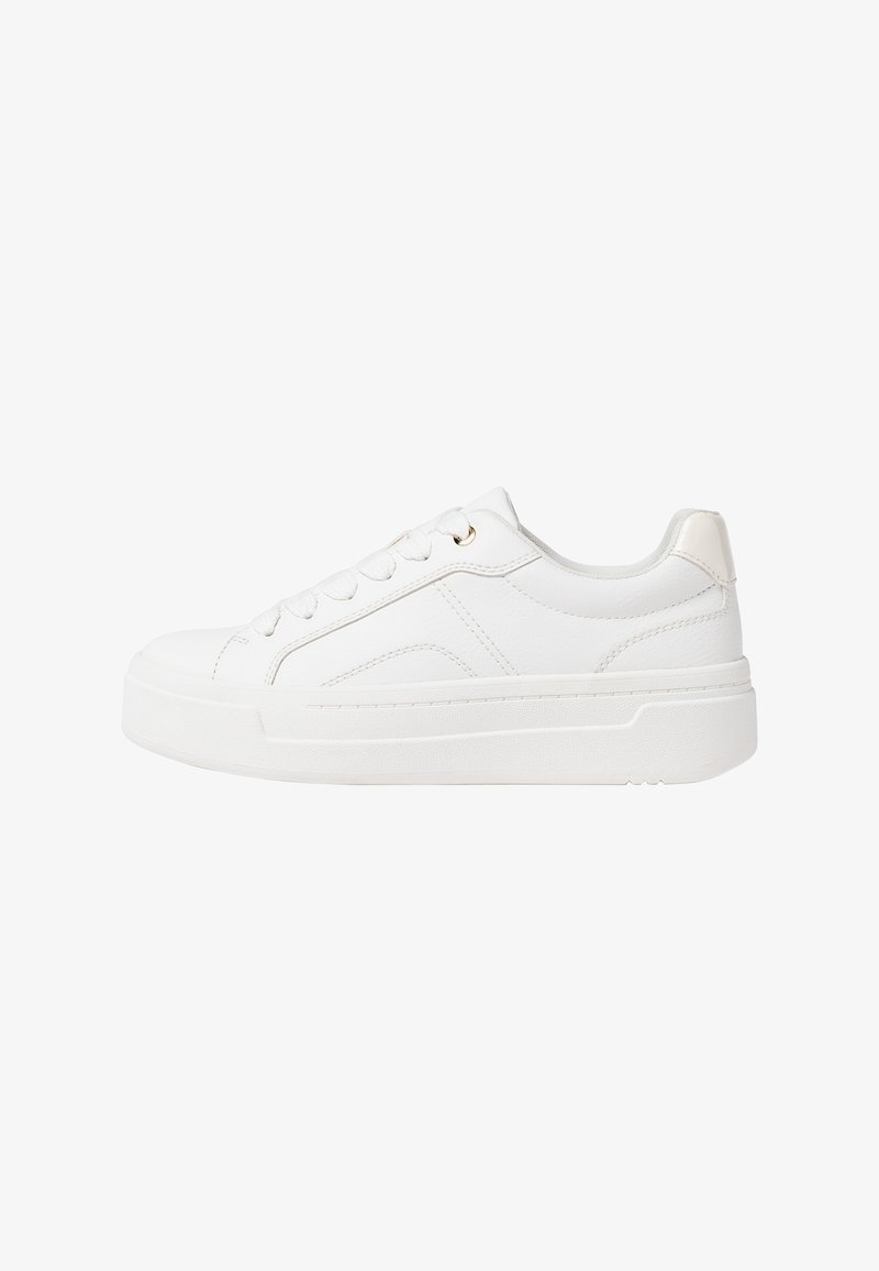 White sneakers with a smooth leather upper, flat laces, and a rubber sole. Features subtle stitching and a small metallic accent.