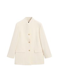 Kremfarvet blazer med mandarin-krave, tre knapper foran og to klaplommer, vist på en hvid baggrund.