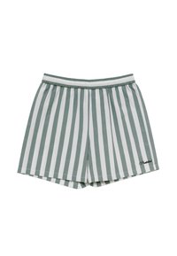 Shorts avec taille élastique à rayures verticales vertes et blanches avec un petit logo noir sur la partie inférieure droite de la jambe.