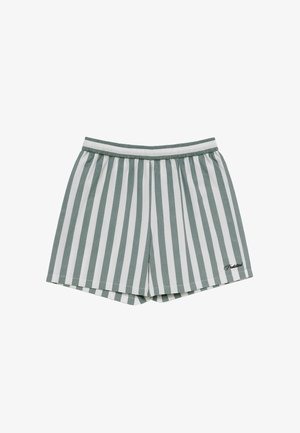 Mies, jolla on vihreät ja valkoiset pystysuorat raidalliset shortsit, valkoiset sukat, joissa musta teksti, ja mustavalkoiset loaferit, seisoo kädet taskuissa.