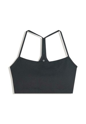Black sports bra with a streamlined design, made of smooth fabric, featuring wide shoulder straps and a racerback style.