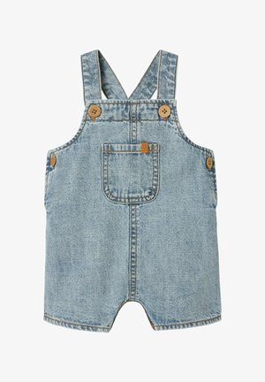 Denim overall i lyseblå, med justerbare stropper, treknapper og en frontlomme, samt en utskåret kant for enkel påkledning.