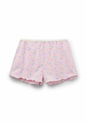 Rosa Shorts mit elastischem Bund und geschwungenen Säumen, verziert mit kleinen blauen, gelben und pinkfarbenen Herzmustern auf weißem Hintergrund.