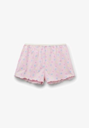Pantalones cortos rosas con cintura elástica y bordes festoneados, decorados con pequeños corazones azules, amarillos y rosas sobre un fondo blanco.