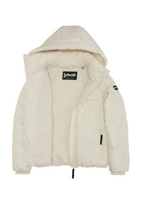 Kremowa kurtka puffer z odpinanym kapturem, pikowaną zewnętrzną warstwą, polarowym wykończeniem i przednim zamkiem błyskawicznym. Posiada metkę z logo oraz boczne kieszenie na zamek.