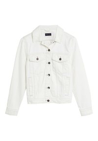 Witte denimjas met een kraag, lange mouwen, knopen aan de voorkant, twee borstzakken en een textuur met zichtbare stiksels.