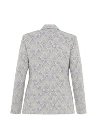 Blazer gris clair avec un motif subtil de peau de serpent, manches longues et col, montré de dos sur fond blanc.