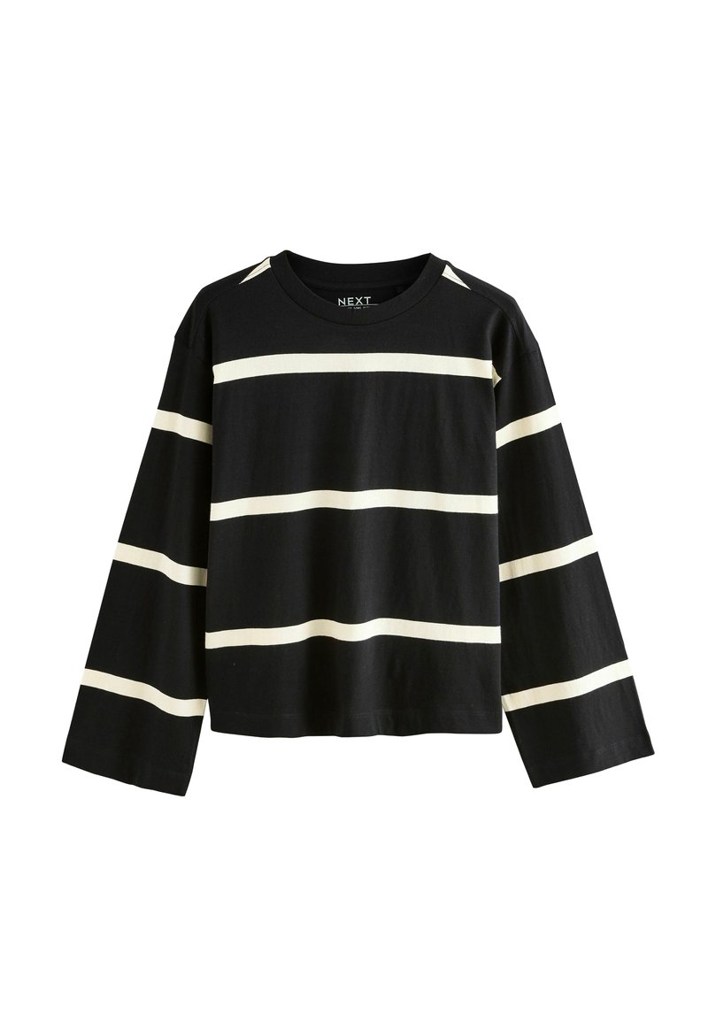 Mustvalge triibuline must pikkade varrukatega särk, ümmarguse kaelusega ja mugava istuvusega; valmistatud pehmest, hingavast materjalist.