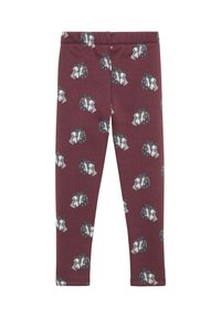Bordowe legginsy z miękkiego materiału z powtarzającym się wzorem stylizowanych psich twarzy w czerni i bieli. Dopasowany, sięgający kostek krój.