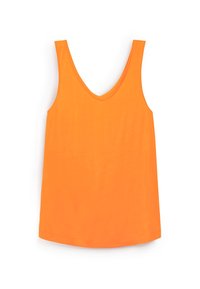 Top senza maniche arancione con scollatura a V, realizzato in tessuto morbido, caratterizzato da una vestibilità rilassata e un design a tinta unita.