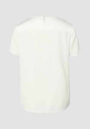 Witte blouse met korte mouwen, ronde halslijn en een kleine keyhole knoopsluiting aan de achterkant, effen ontwerp op een lichtgrijze achtergrond.