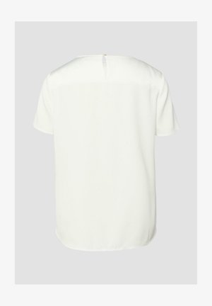 White short-sleeve blouse with round neckline and small keyhole button closure at the back, plain design on a light gray background.