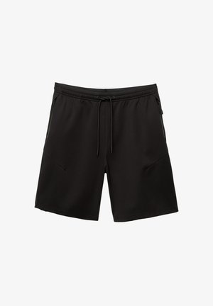 Pantaloni sportivi neri realizzati in tessuto liscio, con vita elasticizzata e cordoncino, e due tasche laterali.