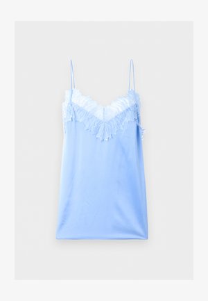 Light blue satin slip dress with thin shoulder straps and white lace trim along the V-neckline and upper chest.