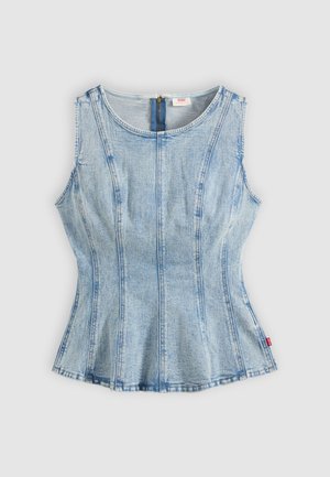Ermeløs lyseblå denimtopp med vertikale sømmer, rund hals, innsvingt midje og glidelås på baksiden.