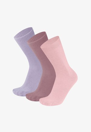 Three pairs of ribbed socks in light purple, mauve, and blush pink. Each sock features a smooth texture and a crew-length design.