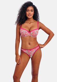 Floral-patterned lingerie set featuring a pink trim and lace accents. The bra has underwire support; the panties are low-rise with a matching design.