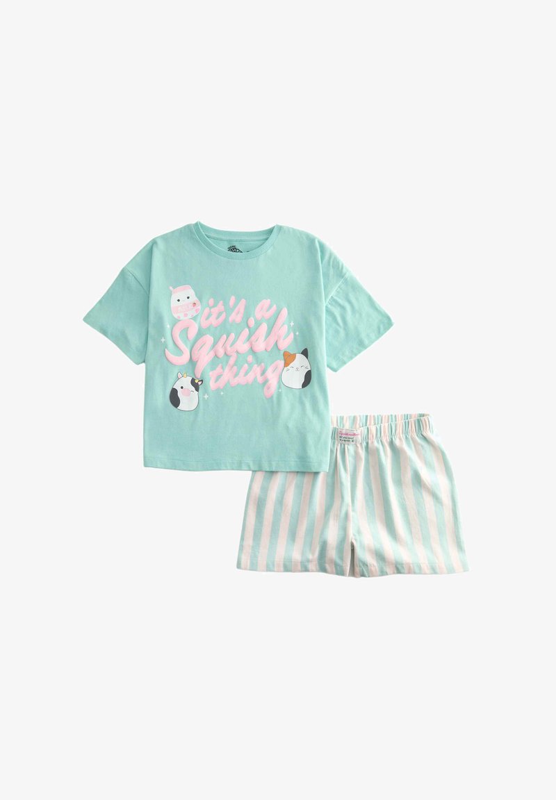 Light green short-sleeve top with pink text "It's a Squish thing" and cat prints, paired with light green and white vertical striped shorts.