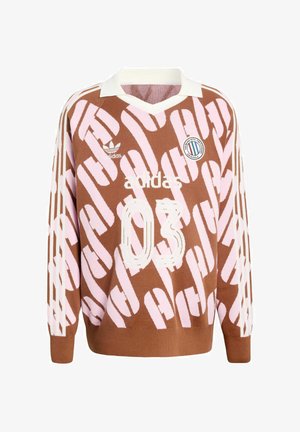 Brown and pink patterned sweater with a V-neck, white collar, three white stripes on sleeves, and embroidered logo and number 03.