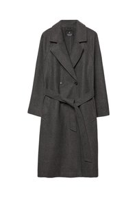 Gray wool blend overcoat with a notched lapel, double-breasted front, and a belted waist. Features long sleeves and side pockets.