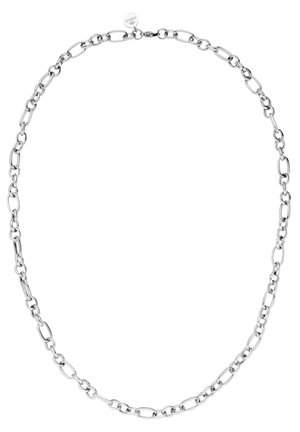 Zilveren ketting met schakels in verschillende ovale en ronde vormen en een klein rond hangertje gegraveerd met "PUPRELLI."