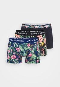 Három pár Jack & Jones boxeralsó sötétkék és fekete színben, trópusi virágmintákkal és márkázott, elasztikus derékpánttal.