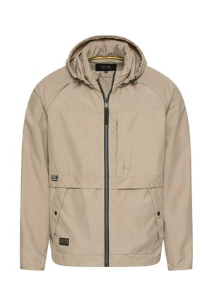 Beige hættejakke med lynlås foran, to klaplommer med trykknapper, justerbare snore i hætten og elastiske manchetter.