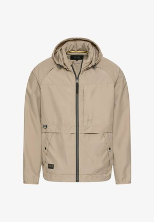 Beige hættejakke med lynlås foran, to klaplommer med trykknapper, justerbare snore i hætten og elastiske manchetter.