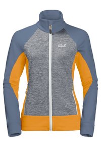 Fleece bunda se šedým tělem, oranžovými bočními panely a modrými rukávy. Má vysoký límec, celopropínací zip a boční kapsy.