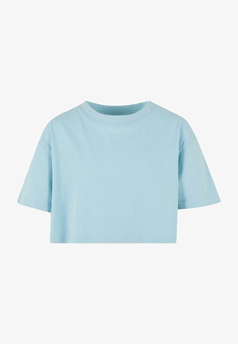 Világoskék, rövid ujjú, cropped póló, kerek kivágással, puha pamut anyagból, finom varrási részletekkel a szélén.