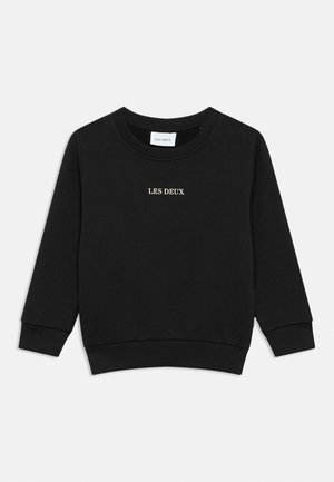 Black long-sleeve crewneck sweatshirt with ribbed cuffs and hem, featuring "LES DEUX" text printed in white on the chest.