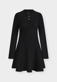 Black knitted dress with a collared neckline, three-button front, and long sleeves. Flared skirt design, smooth texture, minimal embellishments.