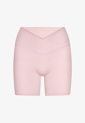 Pantaloni shorts rosa chiaro con vita alta e dettaglio incrociato. Realizzati in materiale morbido ed elastico; presentano cuciture rinforzate e una finitura pulita.